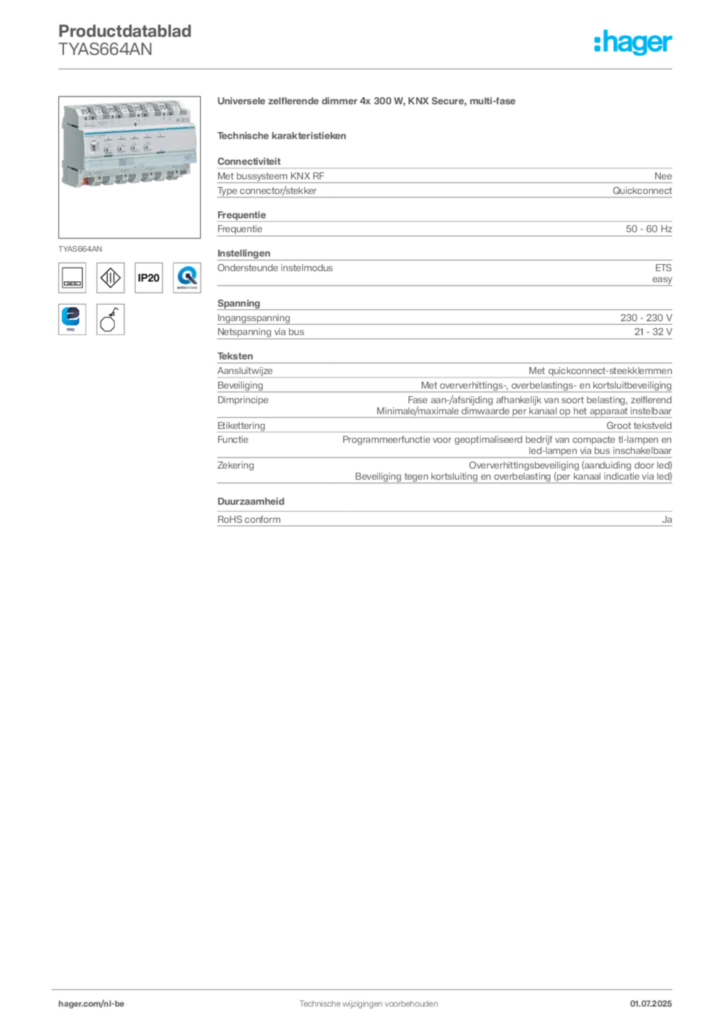 Afbeelding Hager Productdatablad TYAS664AN | Hager Belgium