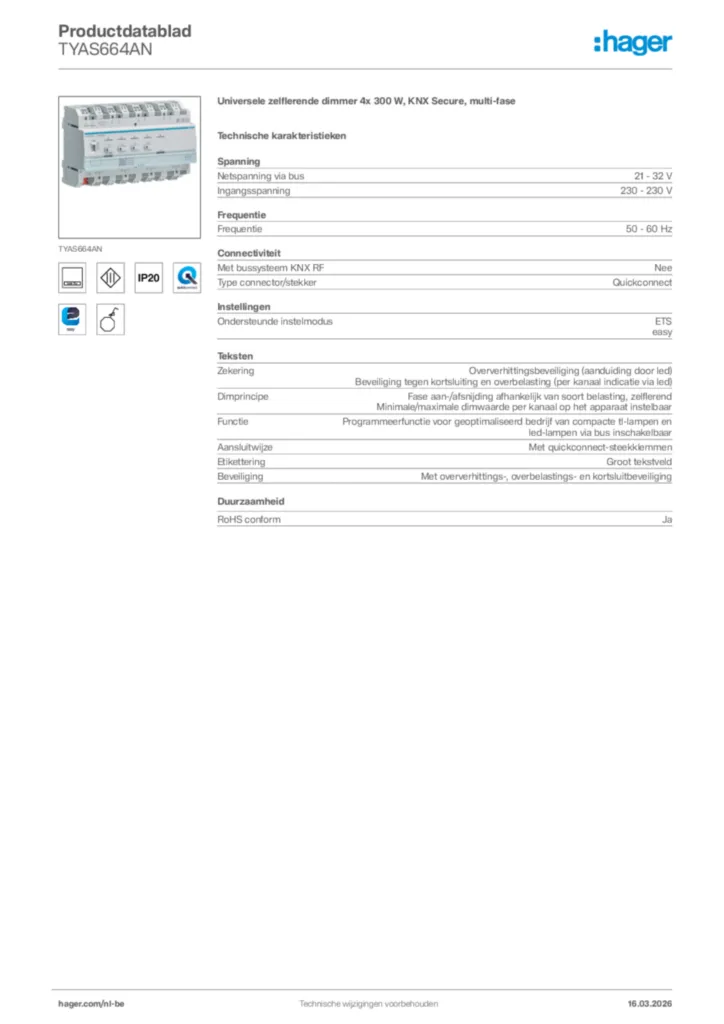 Afbeelding Hager Productdatablad TYAS664AN | Hager Belgium