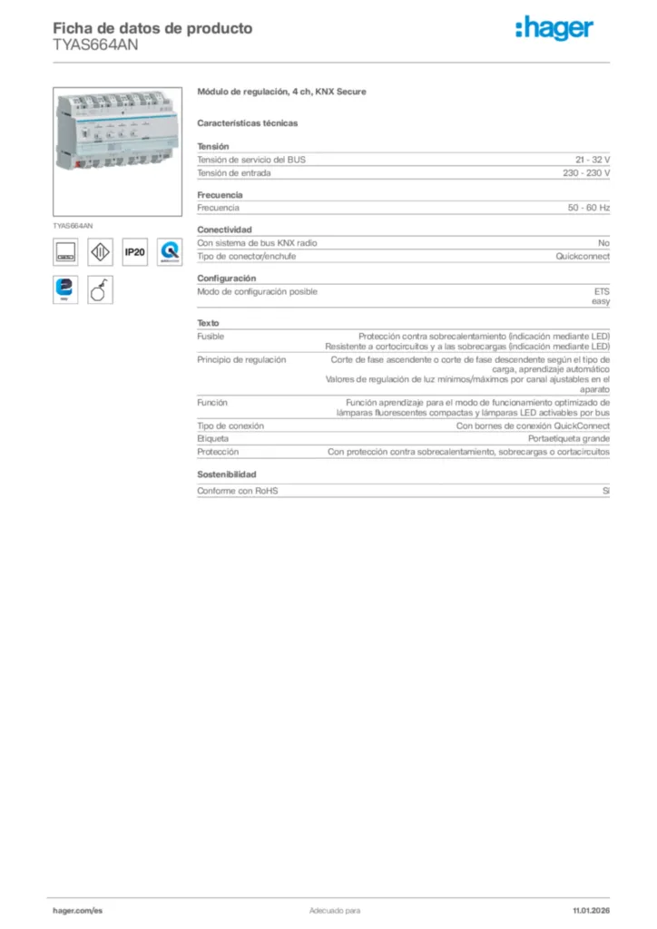 Imagen Hager Ficha de datos de producto TYAS664AN | Hager España