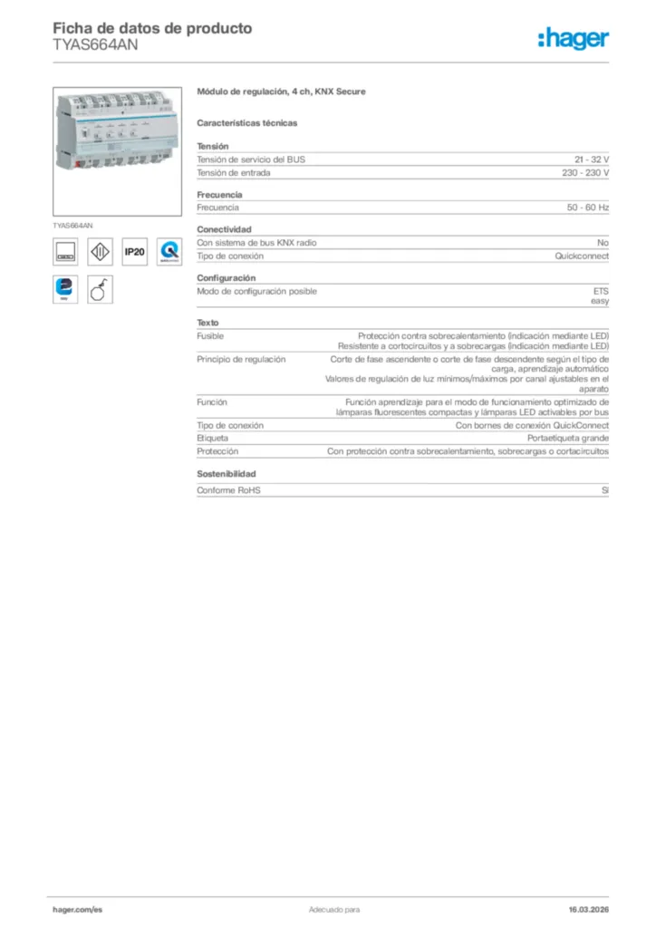 Imagen Hager Ficha de datos de producto TYAS664AN | Hager España