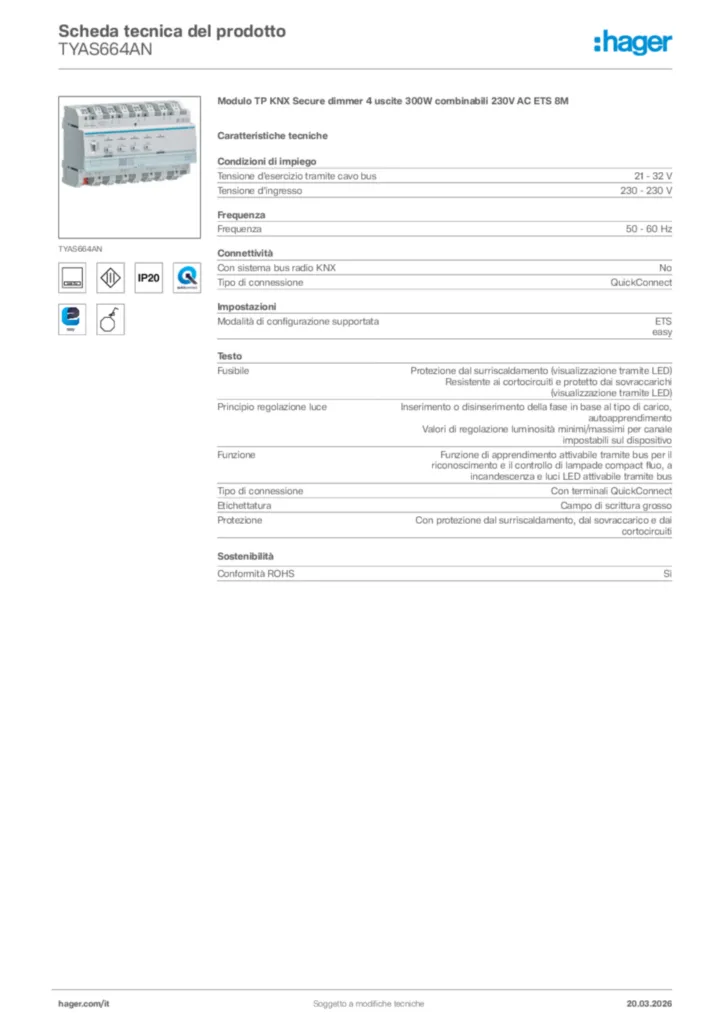 Immagine Hager Scheda tecnica del prodotto TYAS664AN | Hager Italia