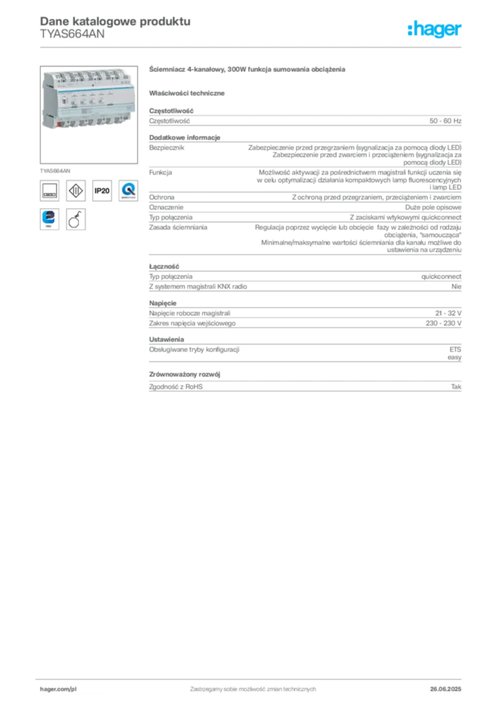 Zdjęcie Hager Dane katalogowe produktu TYAS664AN | Hager Polska