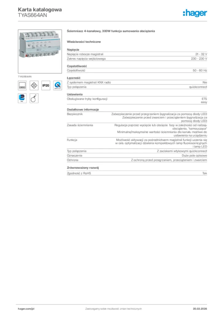 Zdjęcie Hager Karta katalogowa TYAS664AN | Hager Polska