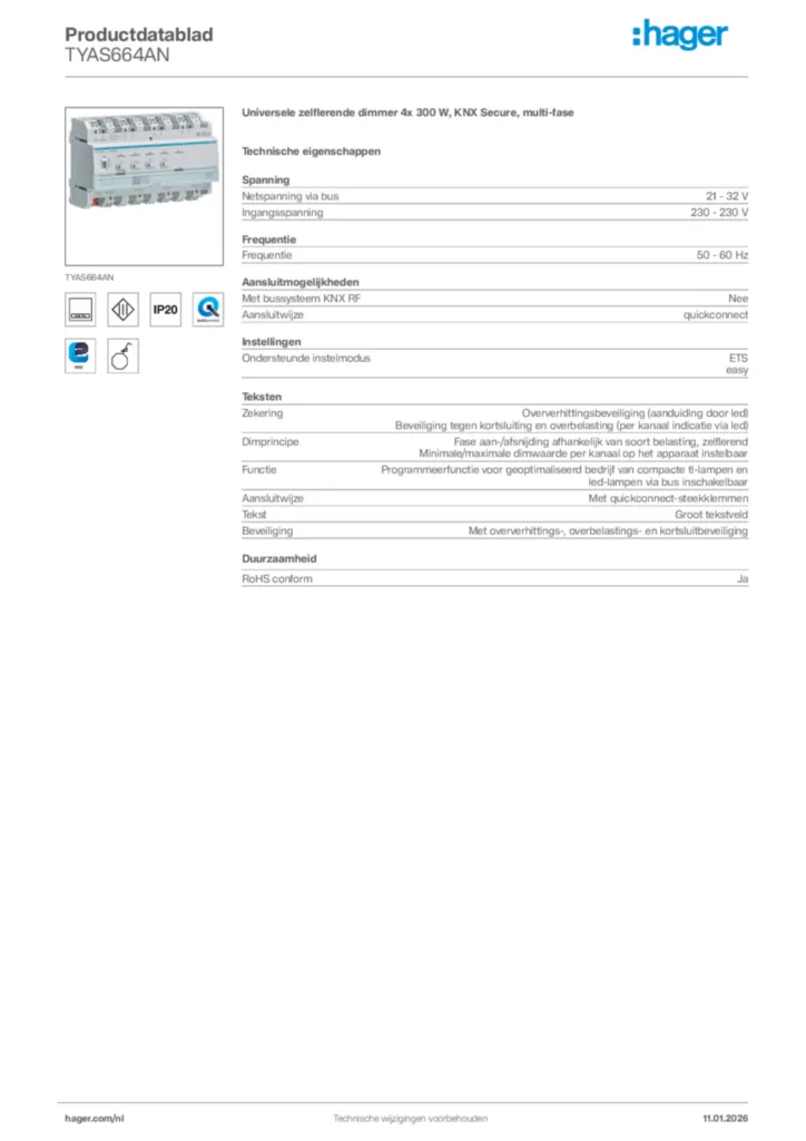 Afbeelding Hager Productdatablad TYAS664AN | Hager Nederland