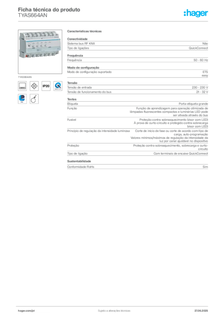 Imagem Hager Ficha técnica do produto TYAS664AN | Hager Portugal