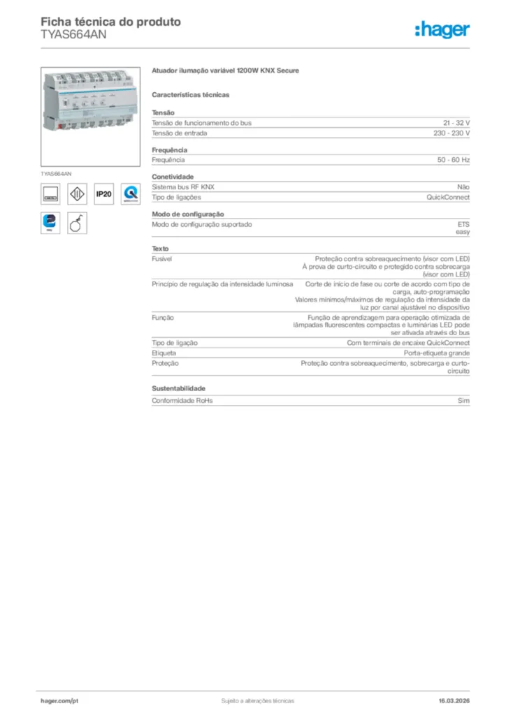Imagem Hager Ficha técnica do produto TYAS664AN | Hager Portugal