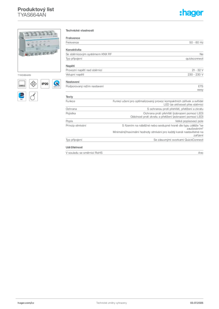 Obrázek Hager Product data sheet TYAS664AN | Hager