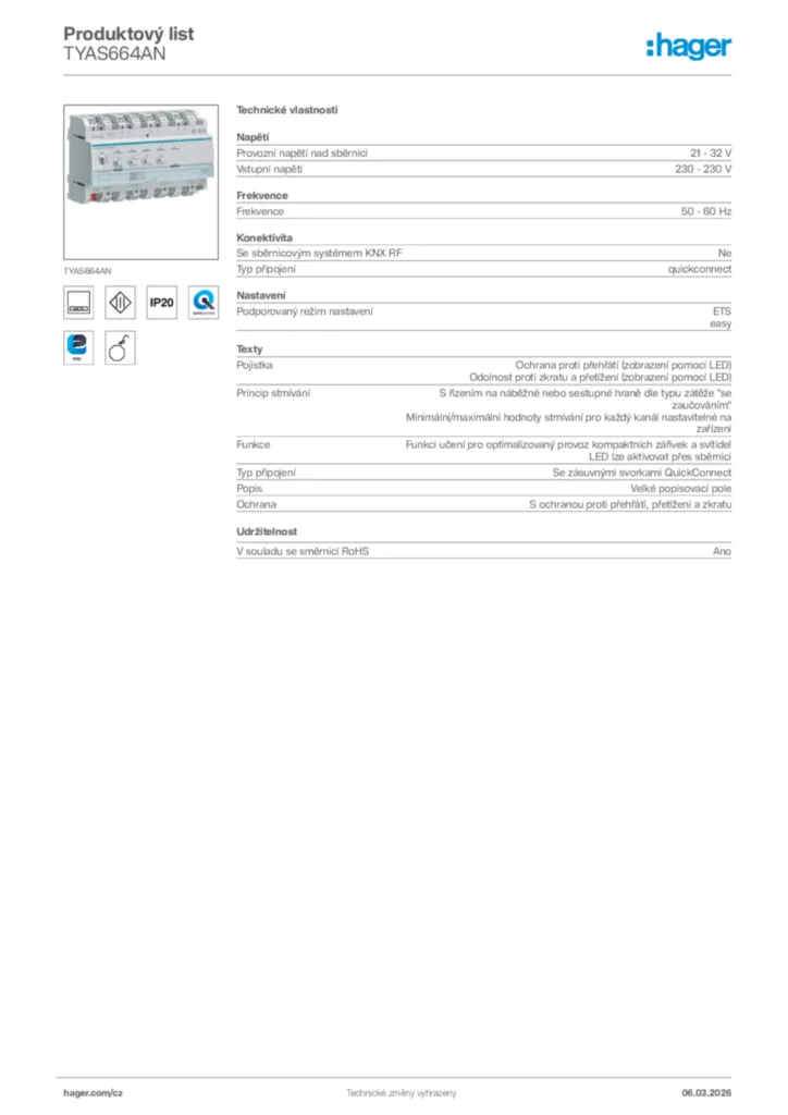 Obrázek Hager Product data sheet TYAS664AN | Hager