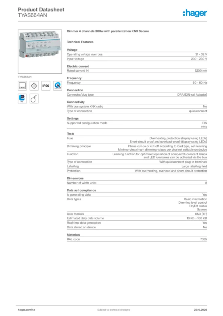 Image Hager Product data sheet TYAS664AN  | Hager New Zealand