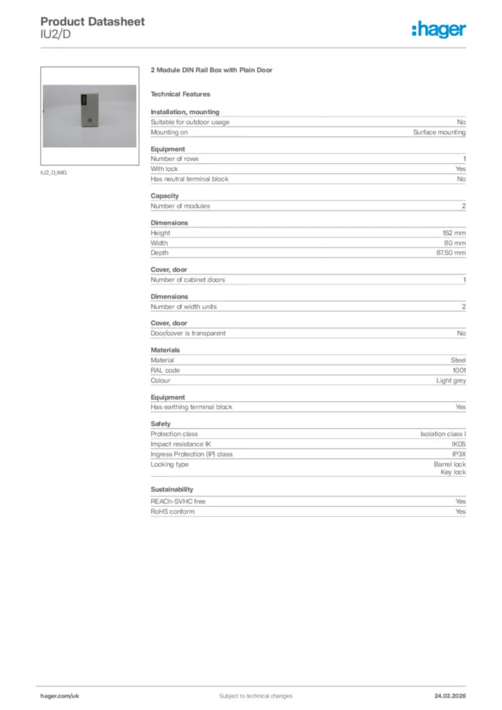 Image Hager Product data sheet IU2/D  | Hager