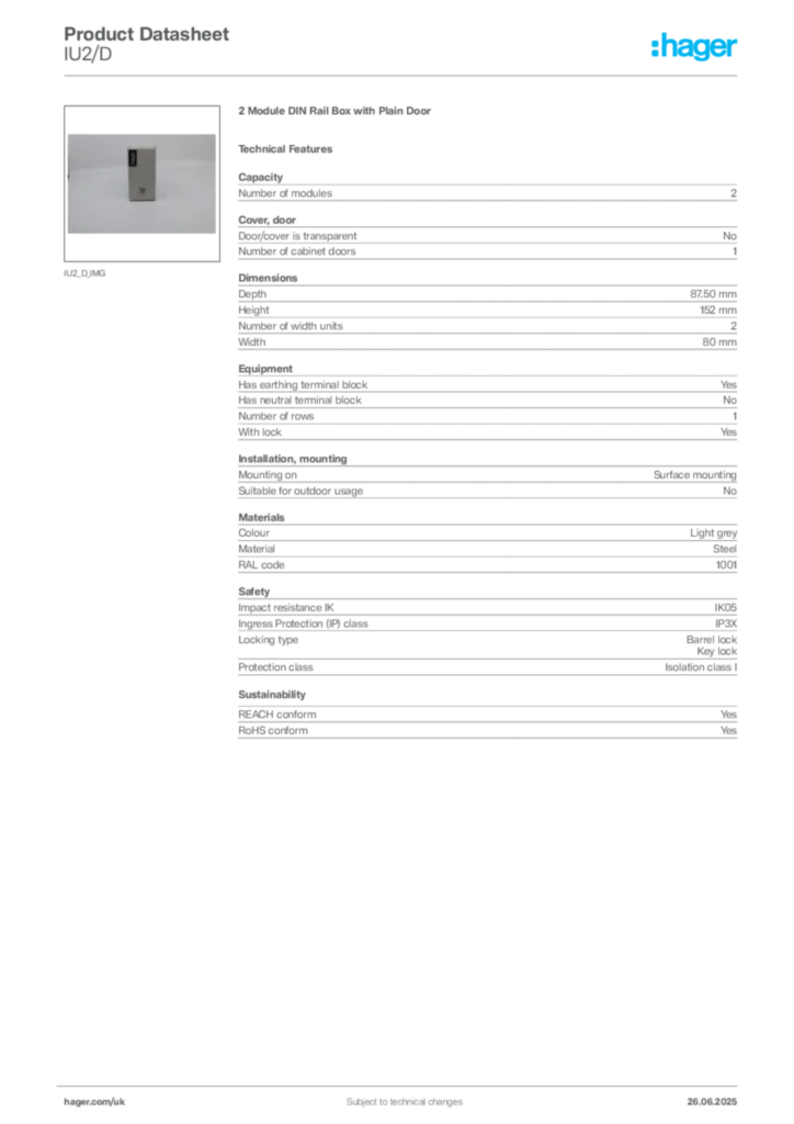 Image Hager Product data sheet IU2/D  | Hager