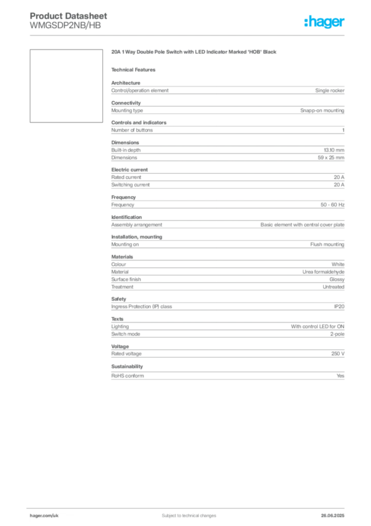 Image Hager Product data sheet WMGSDP2NB/HB  | Hager