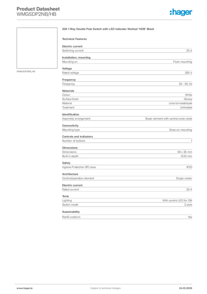 Image Hager Product data sheet WMGSDP2NB/HB  | Hager