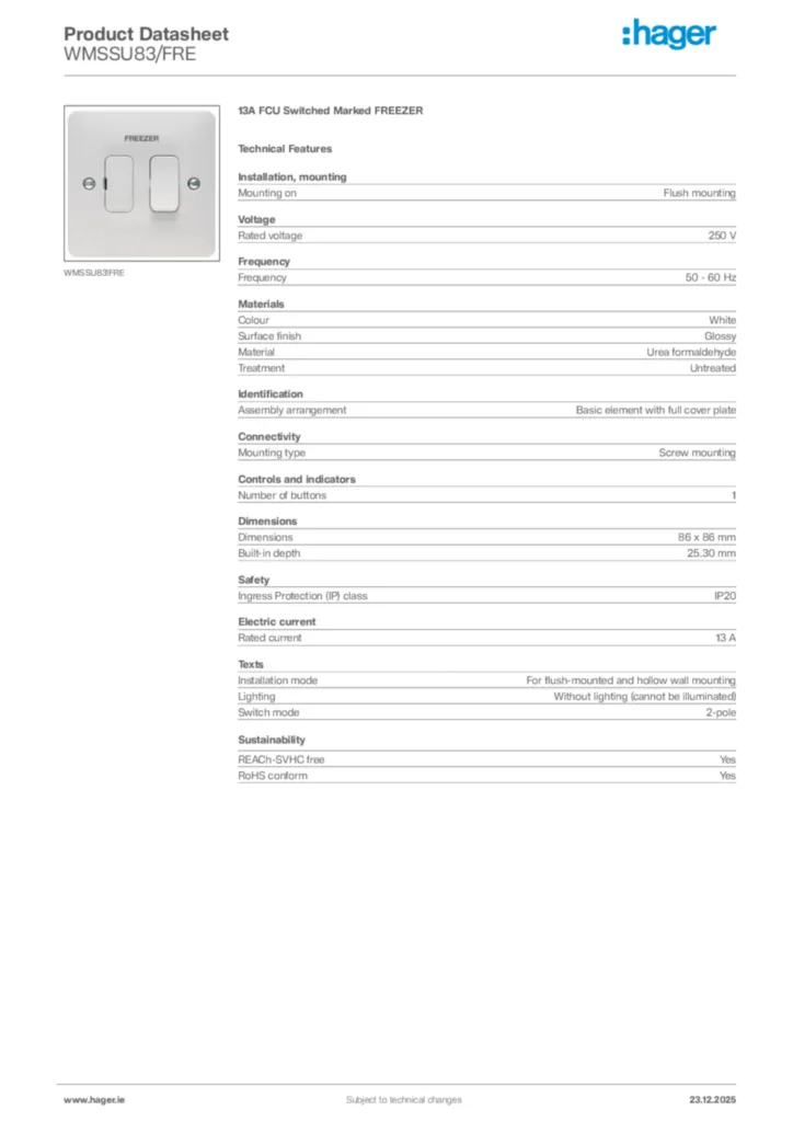Image Hager Product data sheet WMSSU83/FRE  | Hager