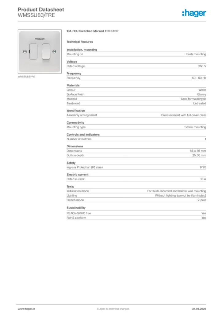 Image Hager Product data sheet WMSSU83/FRE  | Hager
