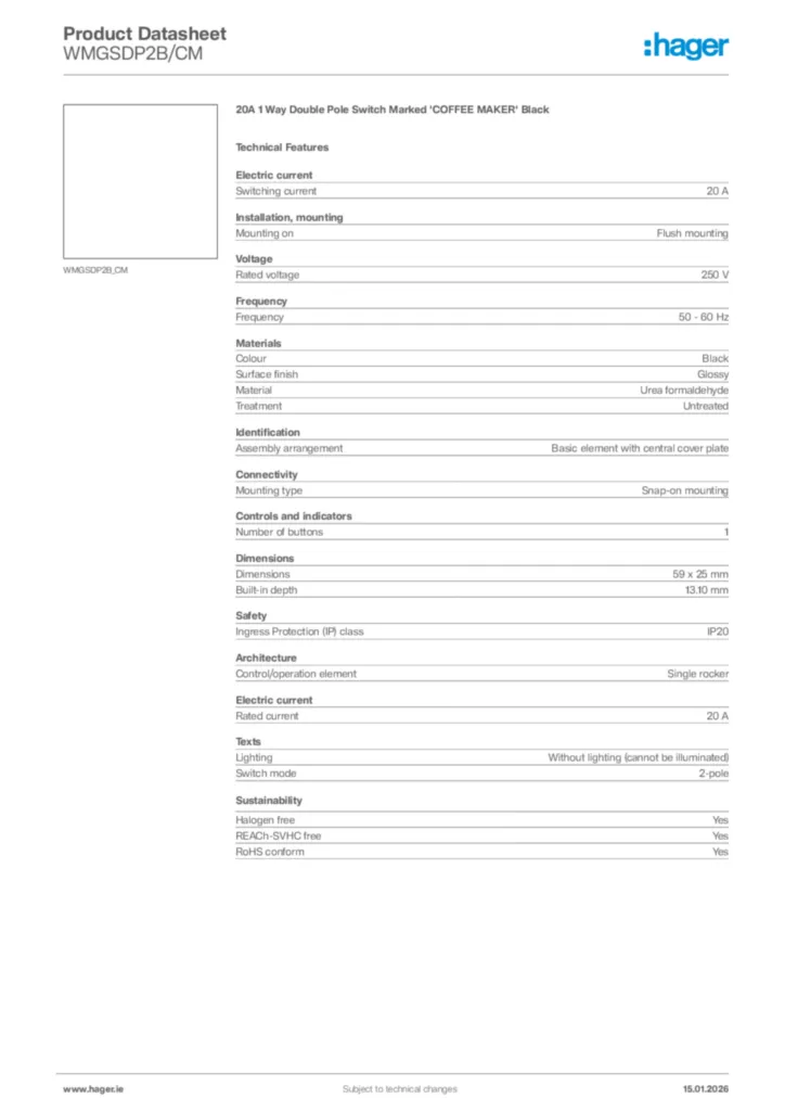 Image Hager Product data sheet WMGSDP2B/CM  | Hager
