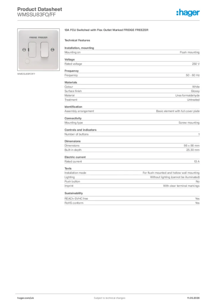 Image Hager Product data sheet WMSSU83FO/FF  | Hager