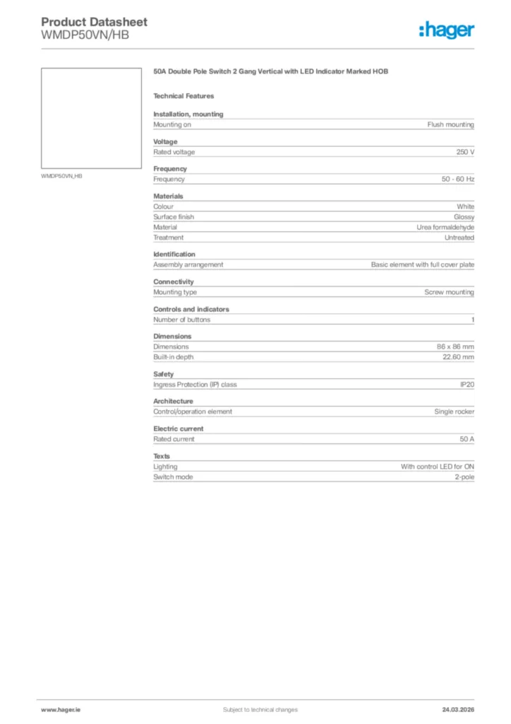 Image Hager Product data sheet WMDP50VN/HB  | Hager