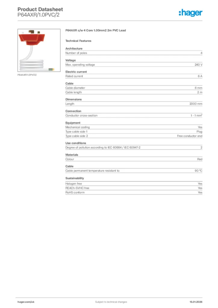 Image Hager Product data sheet P64AXR/1.0PVC/2  | Hager