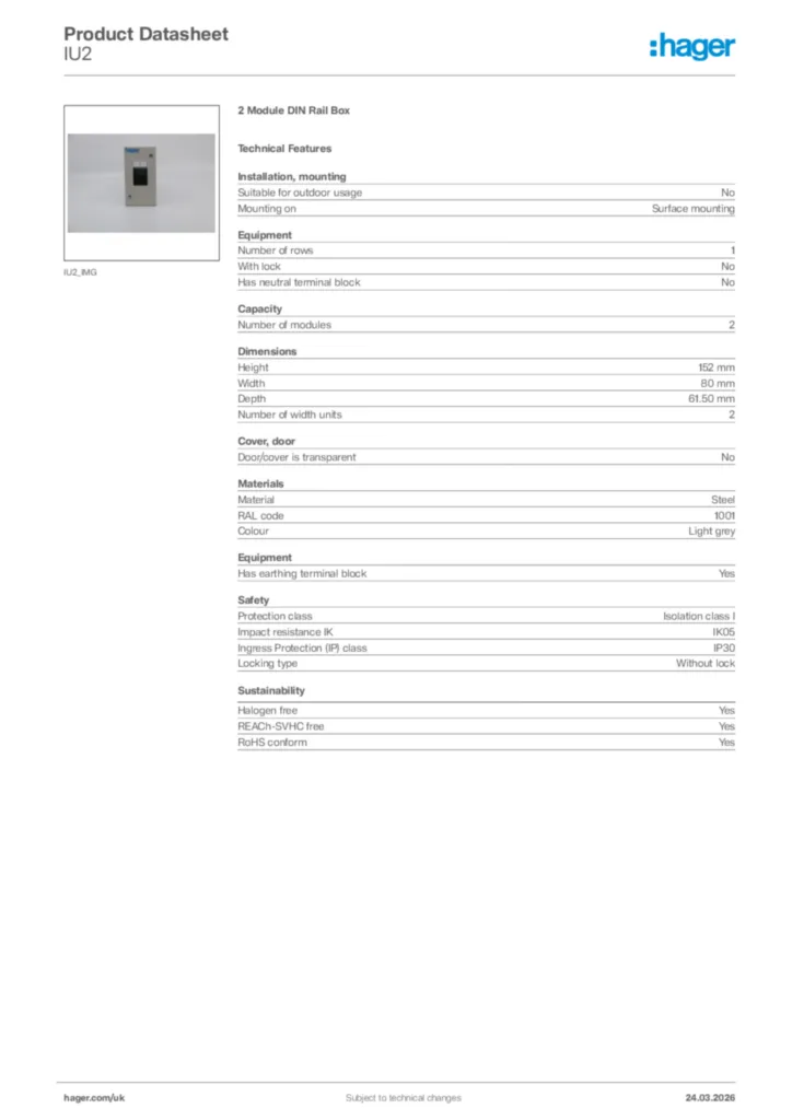 Image Hager Product data sheet IU2  | Hager