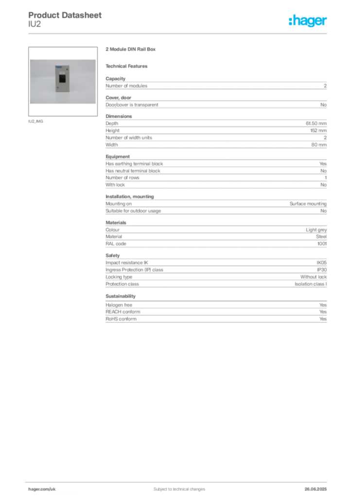 Image Hager Product data sheet IU2  | Hager