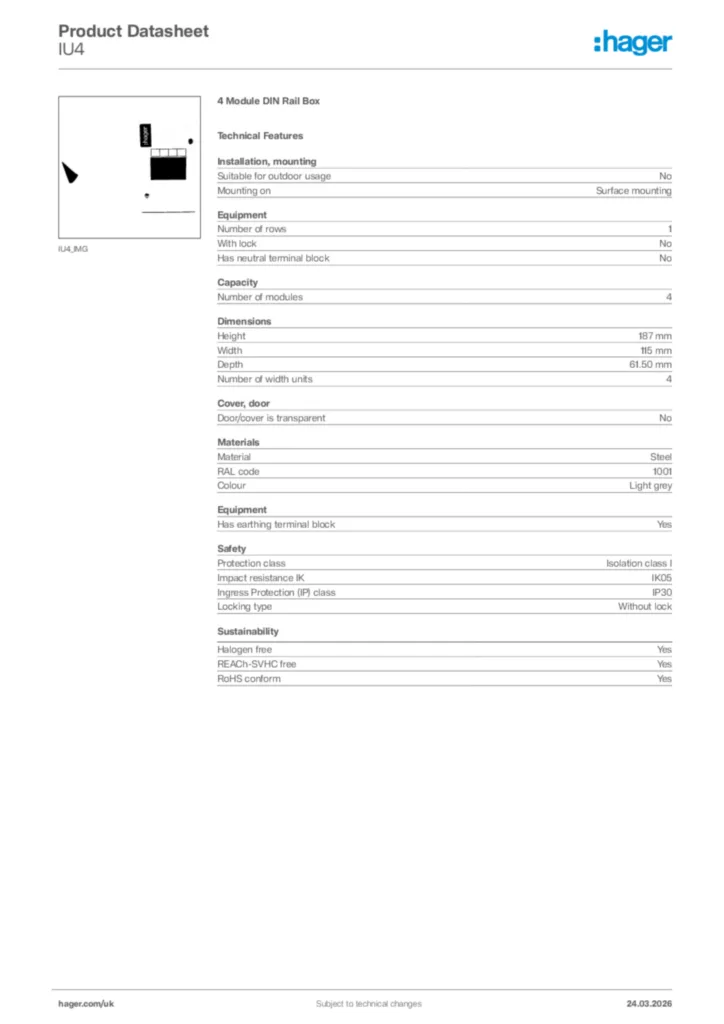 Image Hager Product data sheet IU4  | Hager