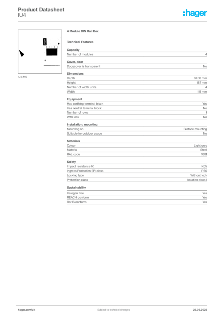 Image Hager Product data sheet IU4  | Hager