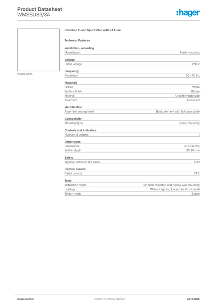Image Hager Product data sheet WMSSU83/3A  | Hager