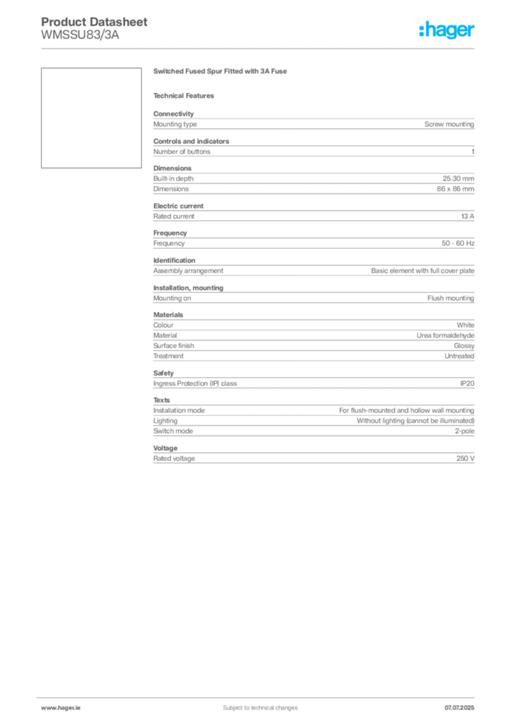 Image Hager Product data sheet WMSSU83/3A  | Hager