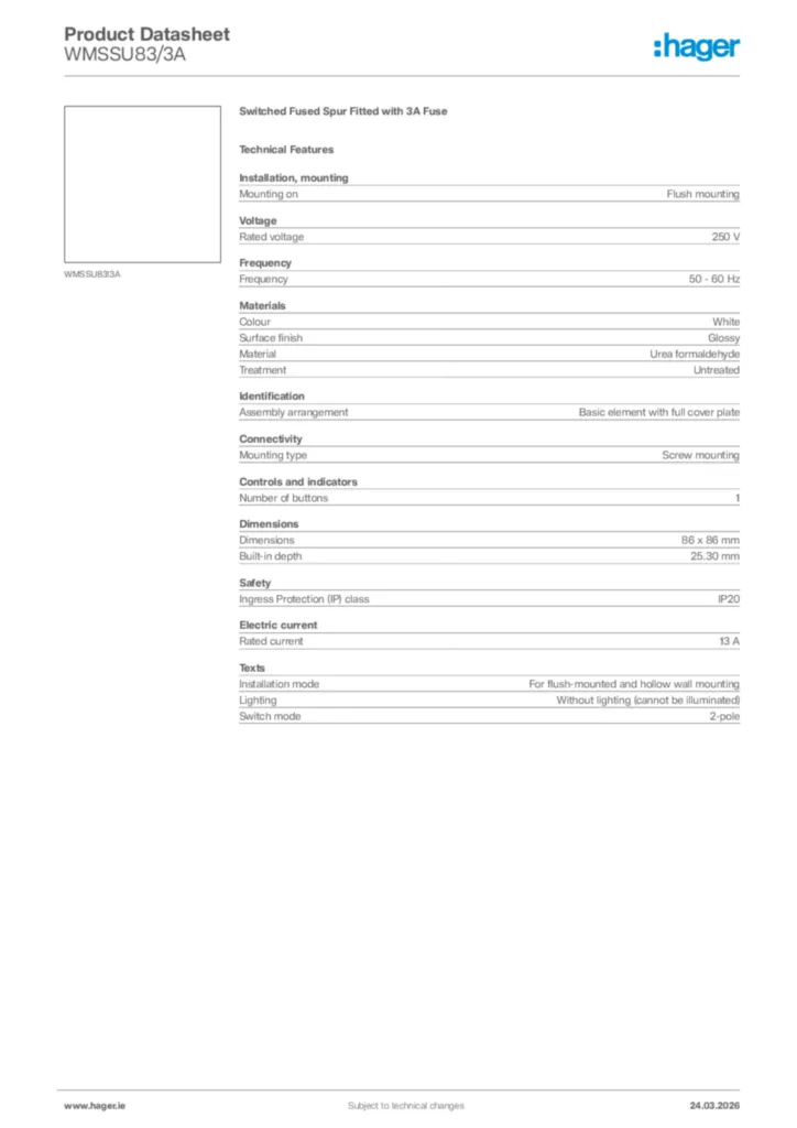 Image Hager Product data sheet WMSSU83/3A  | Hager