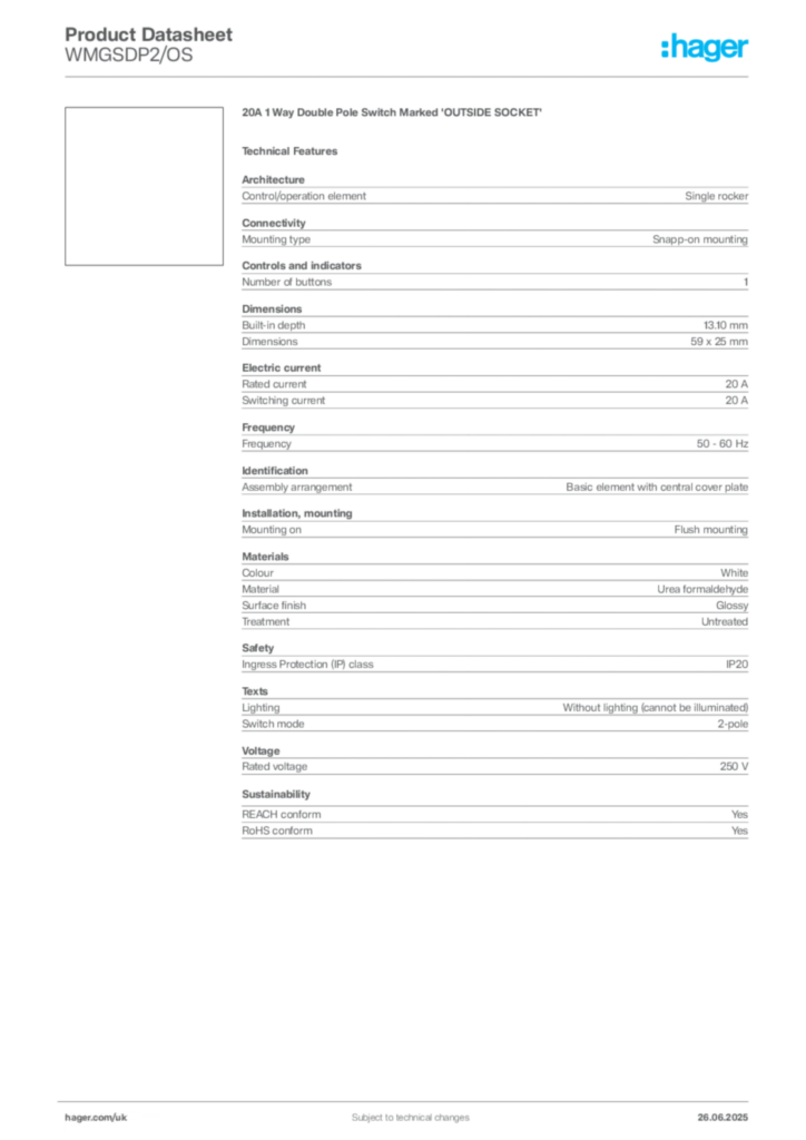 Image Hager Product data sheet WMGSDP2/OS  | Hager