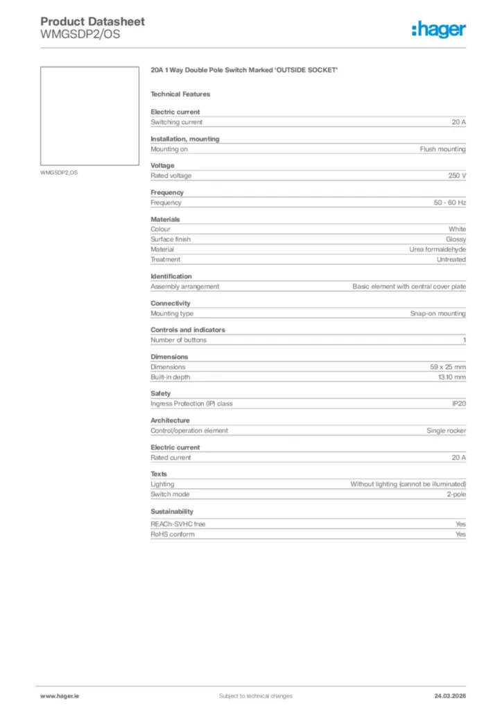 Image Hager Product data sheet WMGSDP2/OS  | Hager