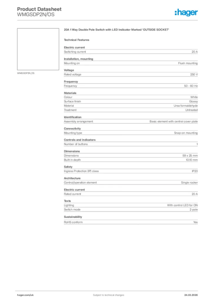 Image Hager Product data sheet WMGSDP2N/OS  | Hager