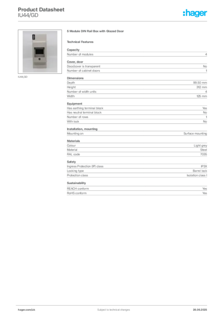 Image Hager Product data sheet IU44/GD  | Hager