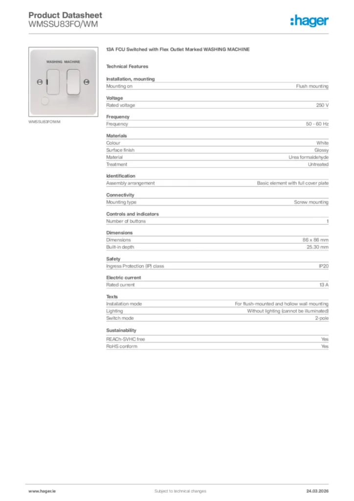 Image Hager Product data sheet WMSSU83FO/WM  | Hager