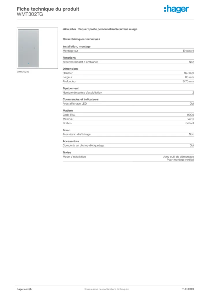 Image Hager Fiche technique du produit WMT302TG | Hager France