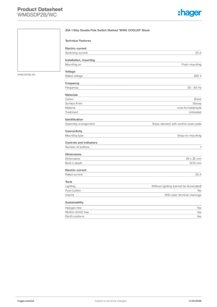 Image Hager Product data sheet WMGSDP2B/WC  | Hager
