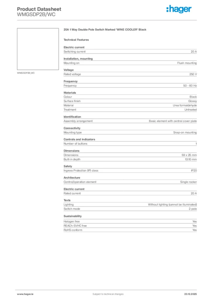 Image Hager Product data sheet WMGSDP2B/WC  | Hager