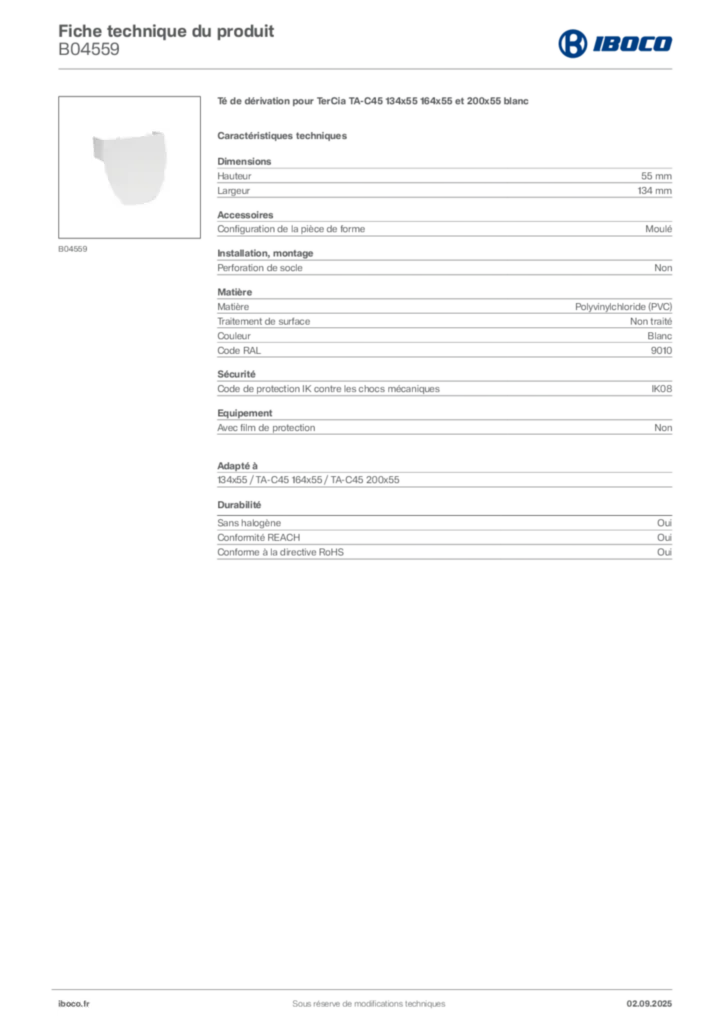 Image Iboco Fiche technique du produit B04559 | Hager France