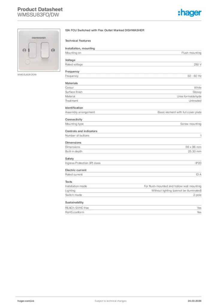 Image Hager Product data sheet WMSSU83FO/DW  | Hager