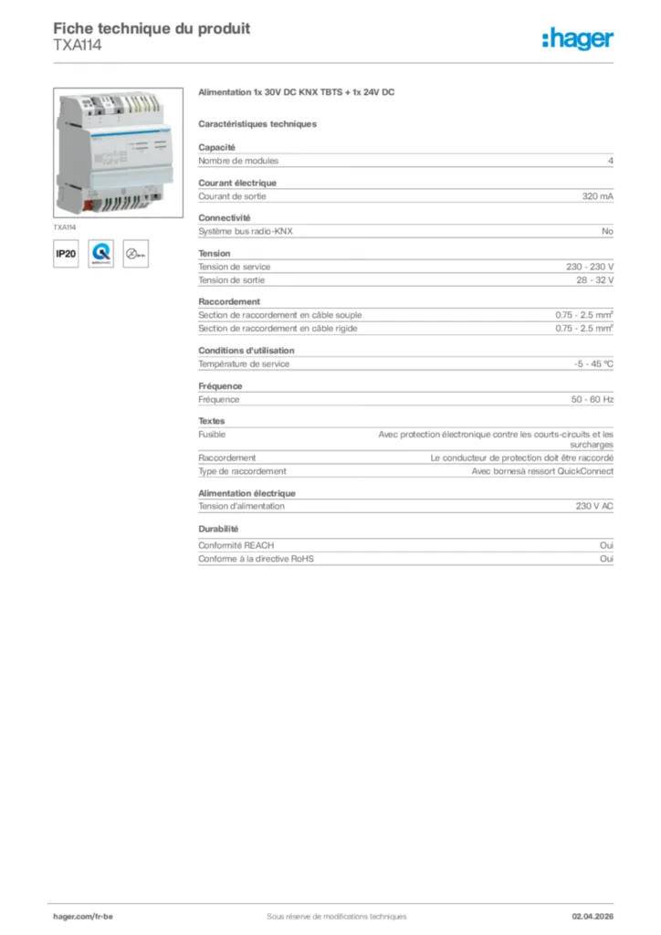 Image Hager Fiche technique du produit TXA114 | Hager Belgique