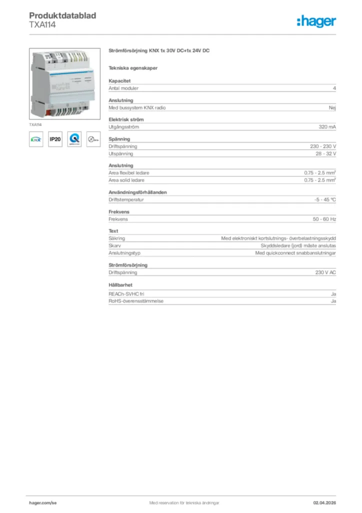 Bild Hager Produktdatablad TXA114 | Hager Sverige