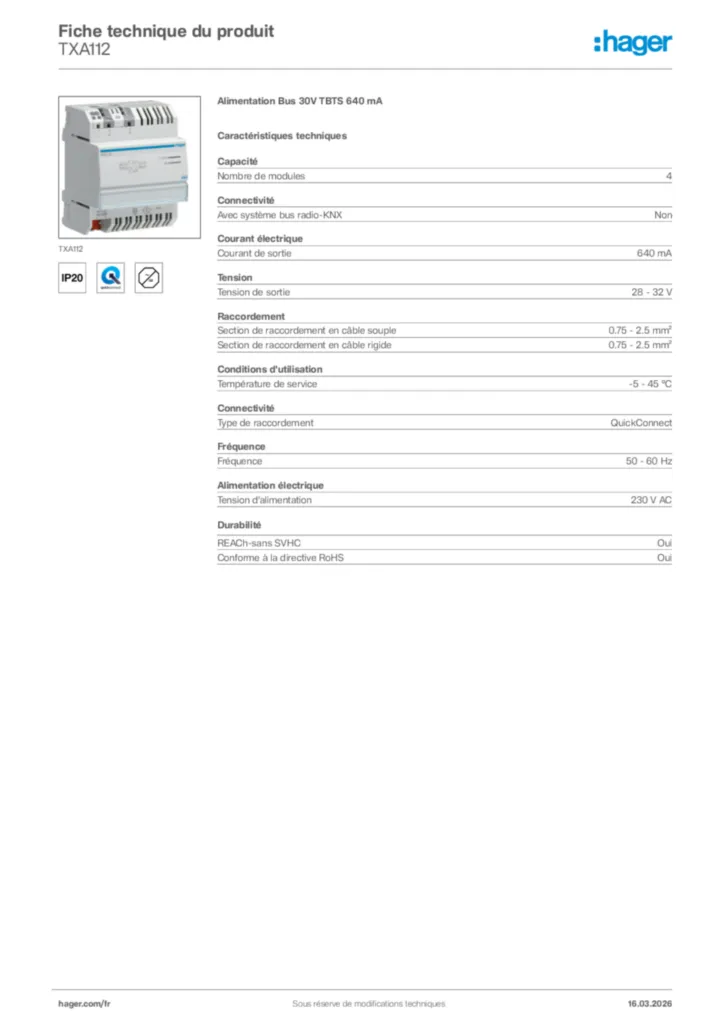 Image Hager Fiche technique du produit TXA112 | Hager France