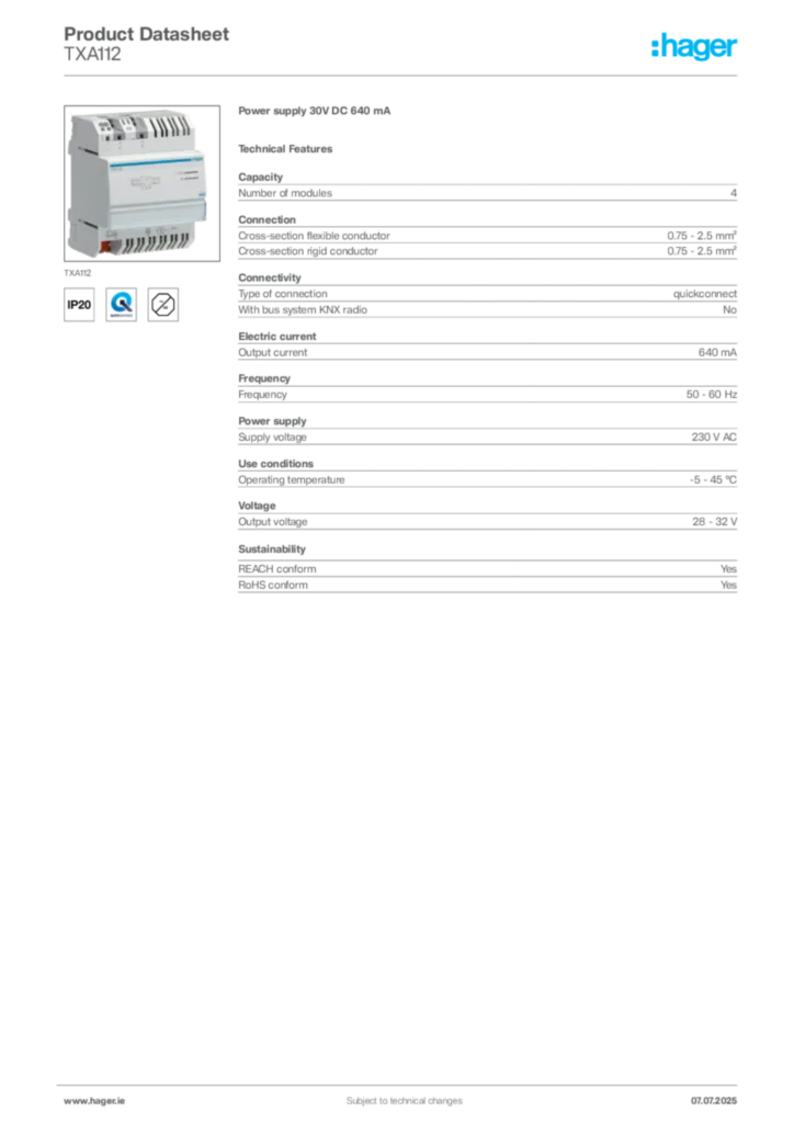 Image Hager Product data sheet TXA112  | Hager