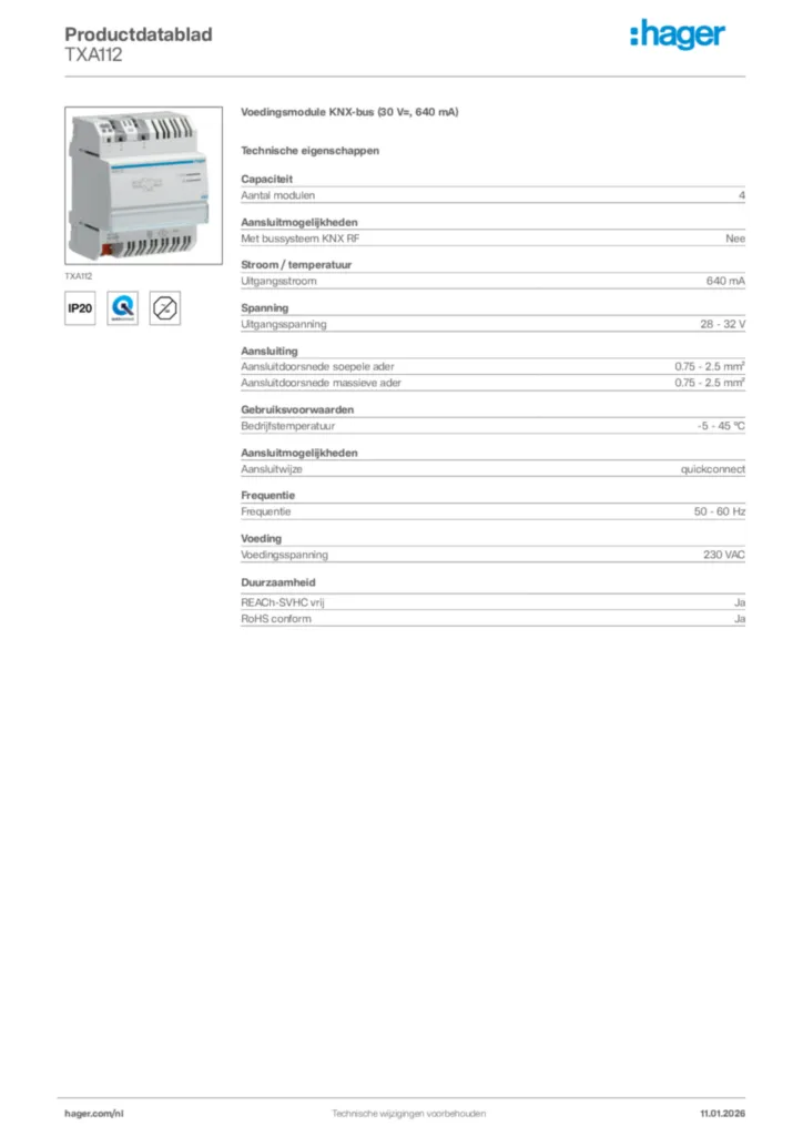Afbeelding Hager Productdatablad TXA112 | Hager Nederland