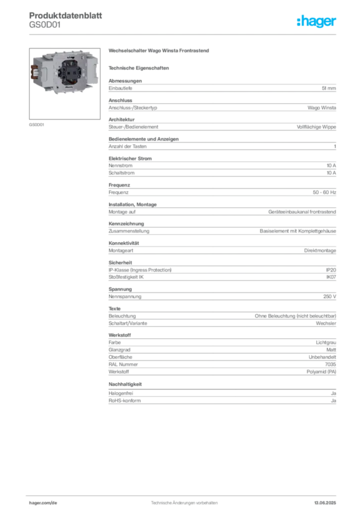 Bild Hager Produktdatenblatt GS0D01 | Hager Deutschland