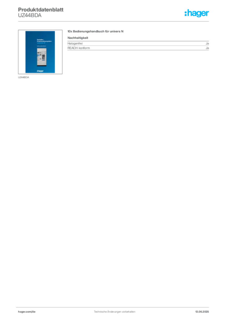 Bild Hager Produktdatenblatt UZ44BDA | Hager Deutschland