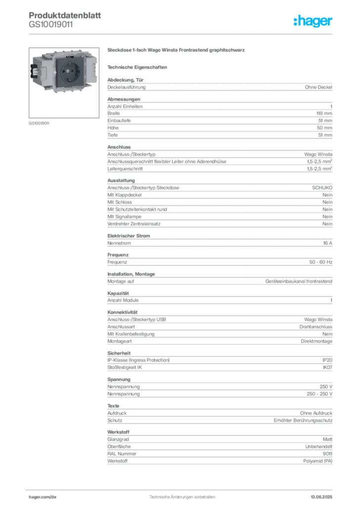 Bild Hager Produktdatenblatt GS10019011 | Hager Deutschland