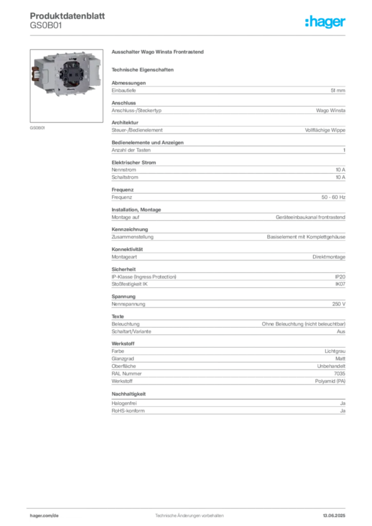 Bild Hager Produktdatenblatt GS0B01 | Hager Deutschland