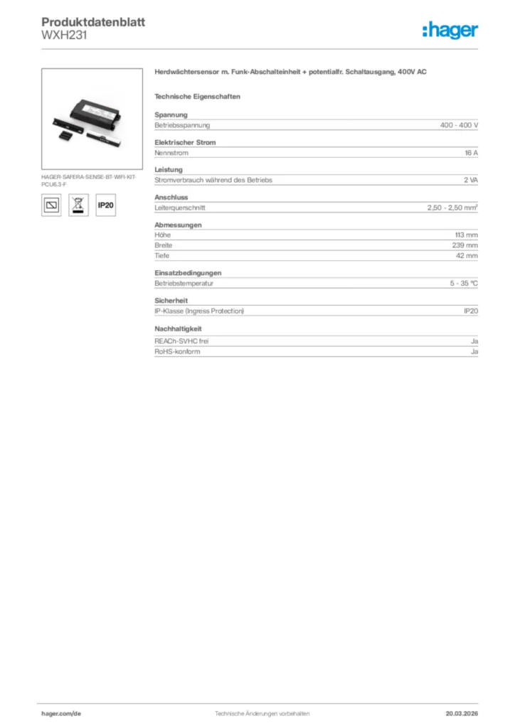 Bild Hager Produktdatenblatt WXH231 | Hager Deutschland